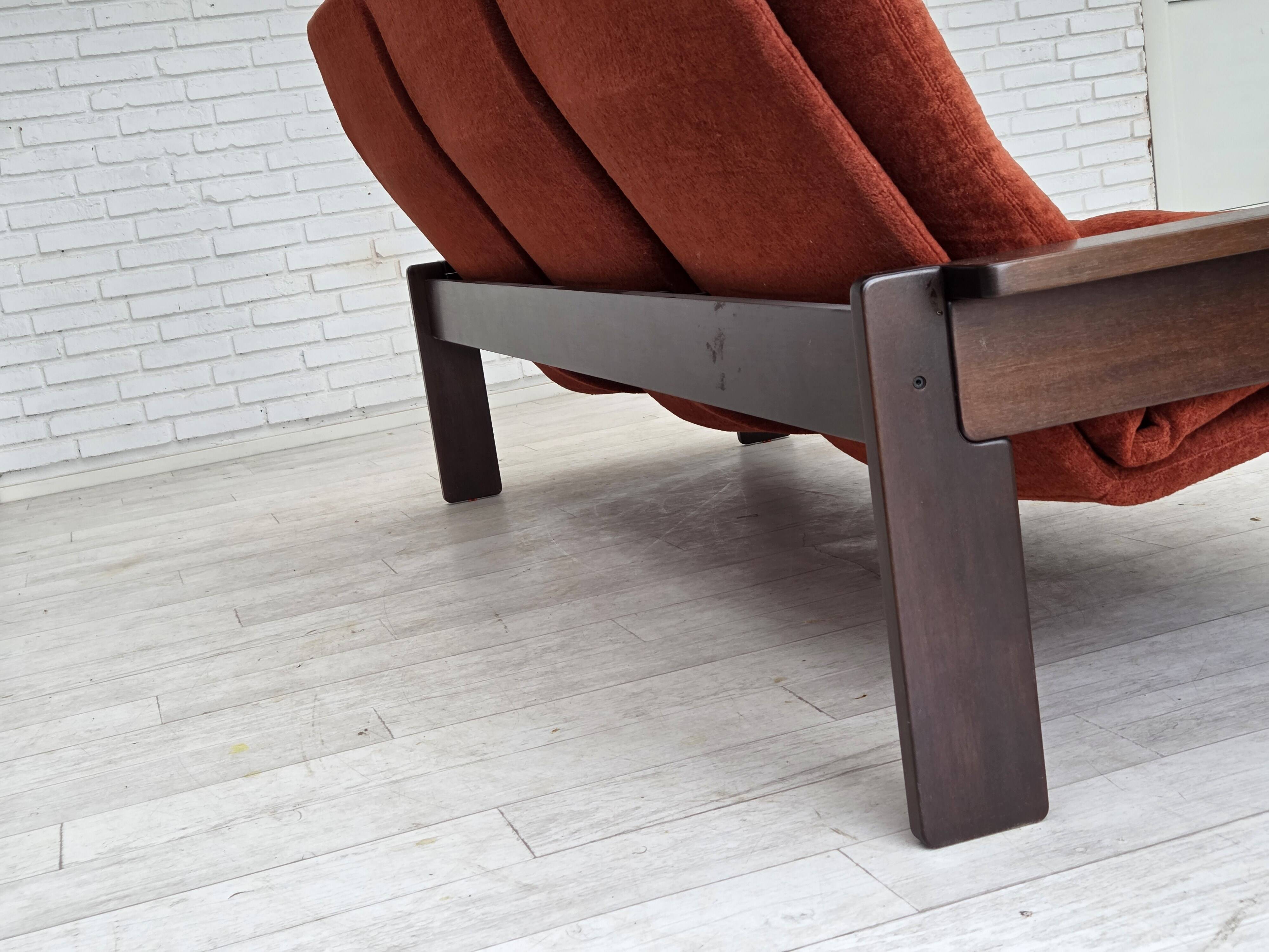 1970s, 3-seater Danish sofa, orange/red furniture velour, oak wood.