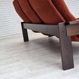 1970s, 3-seater Danish sofa, orange/red furniture velour, oak wood.