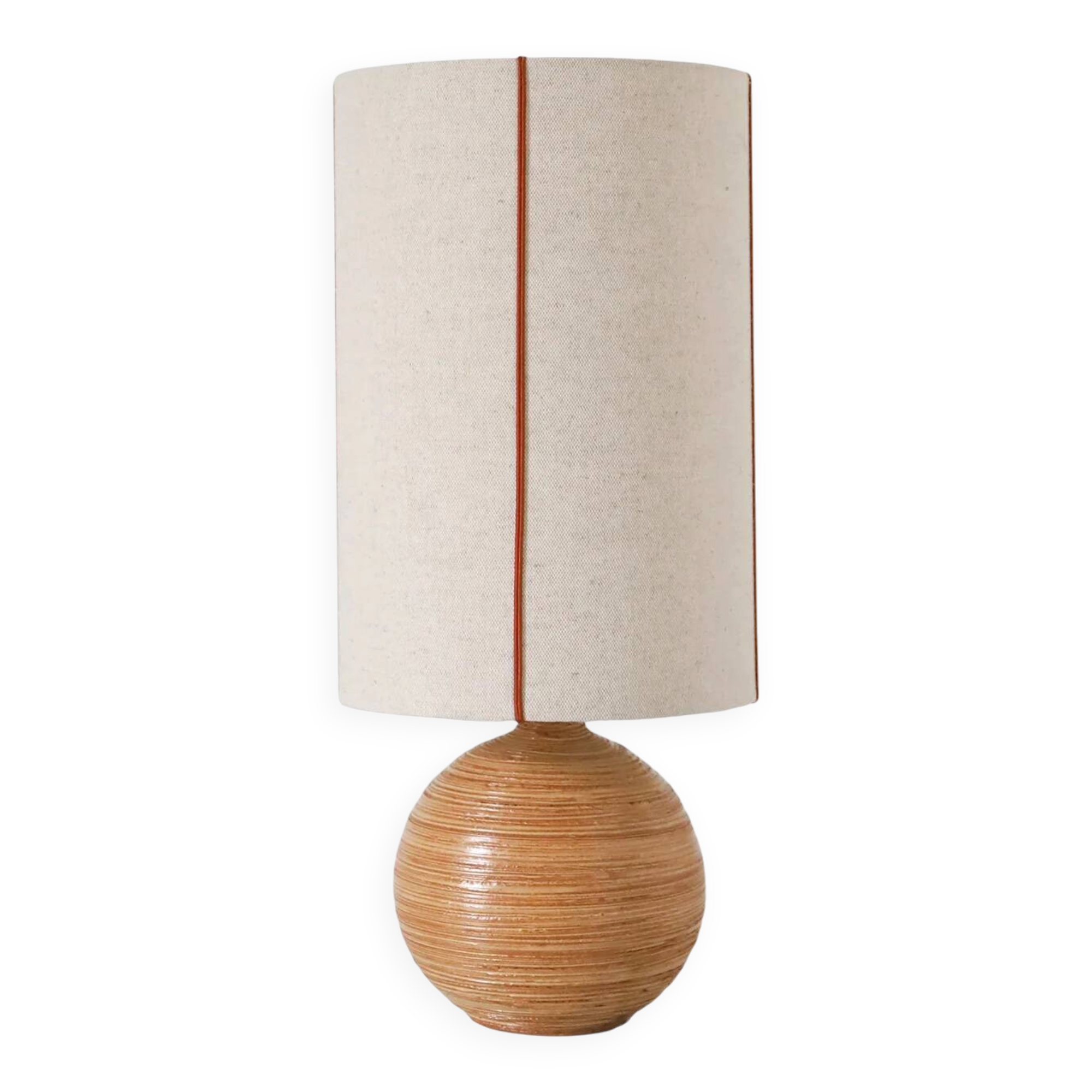 Recycled vintage lamp — honey ceramic base, natural linen shade