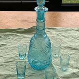 Carafe and 5 old blue glass liqueur glasses