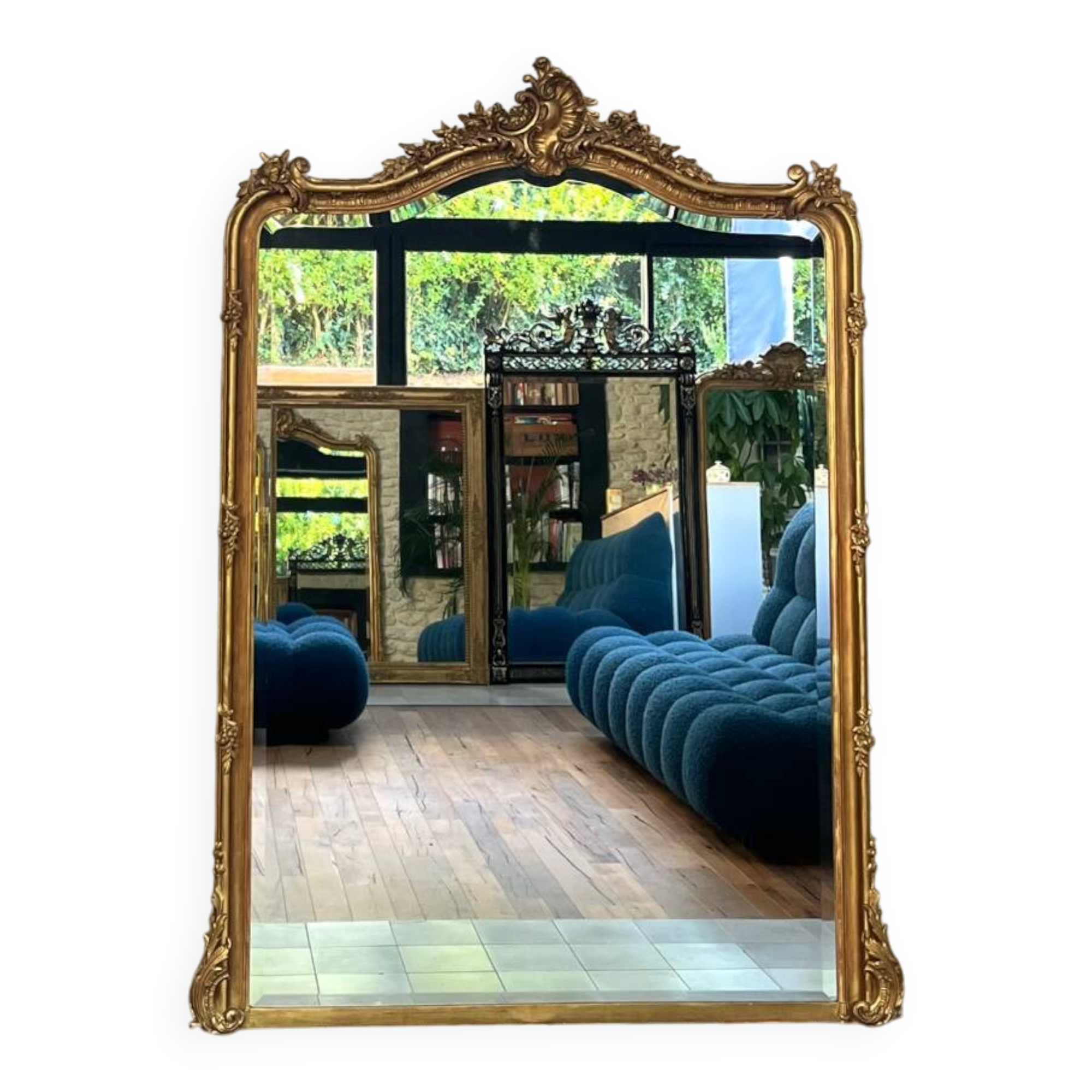 Antique mirror with pediment, 199.5/147cm, late 19th century, beveled glass