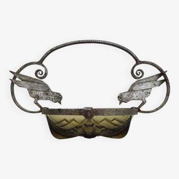 Centerpiece, Art Nouveau fruit bowl Muller Frères Luneville in glass paste and wrought iron