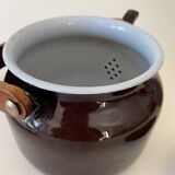 Scandinavian teapot, enameled iron and wood