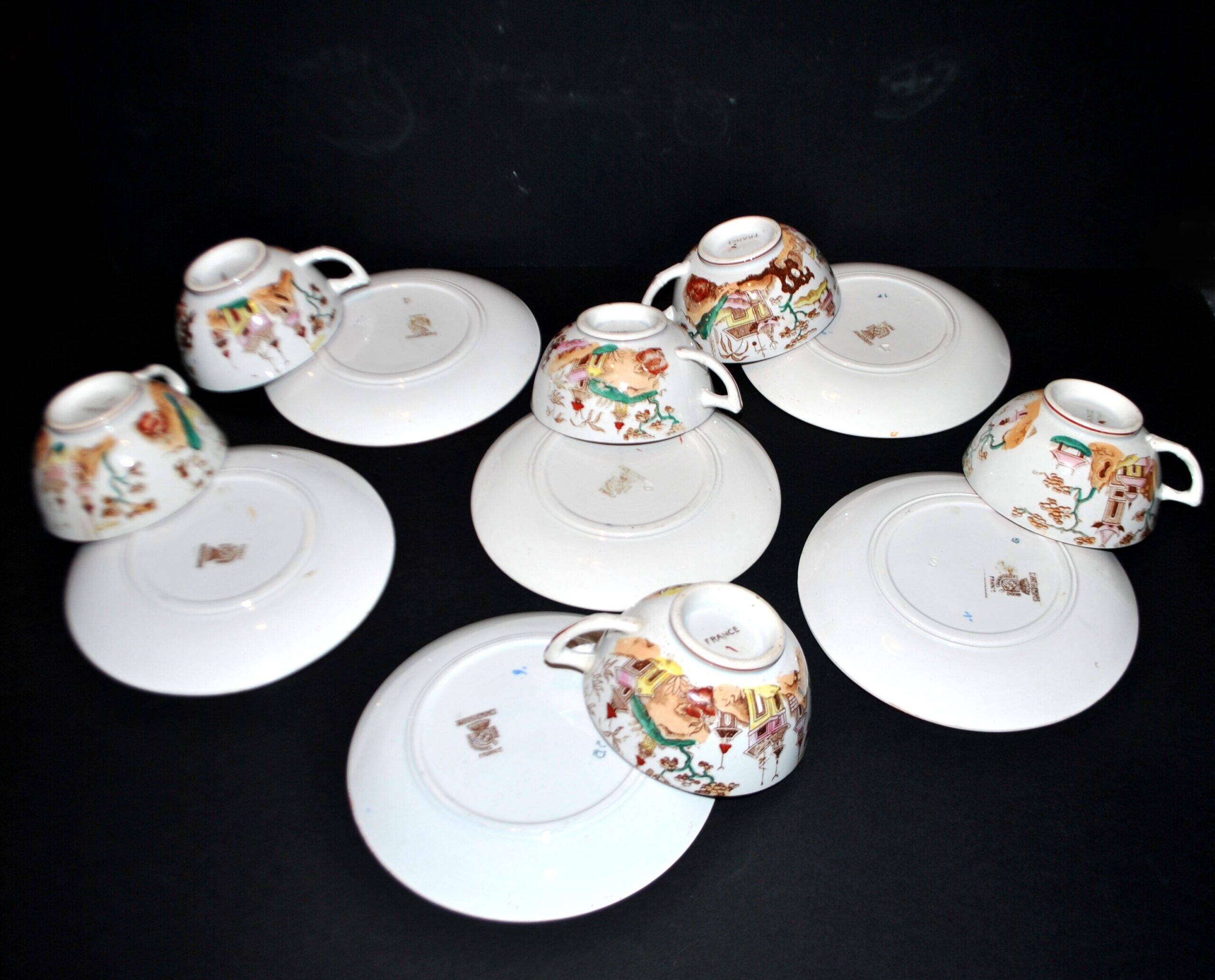 Sarreguemines coffee set 6 cups + 2 earthenware coffee pots with Chinese bamboo decor