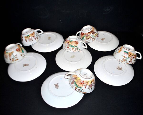 Service à café Sarreguemines 6 tasses + 2 cafetières faïence décor bambou chinois