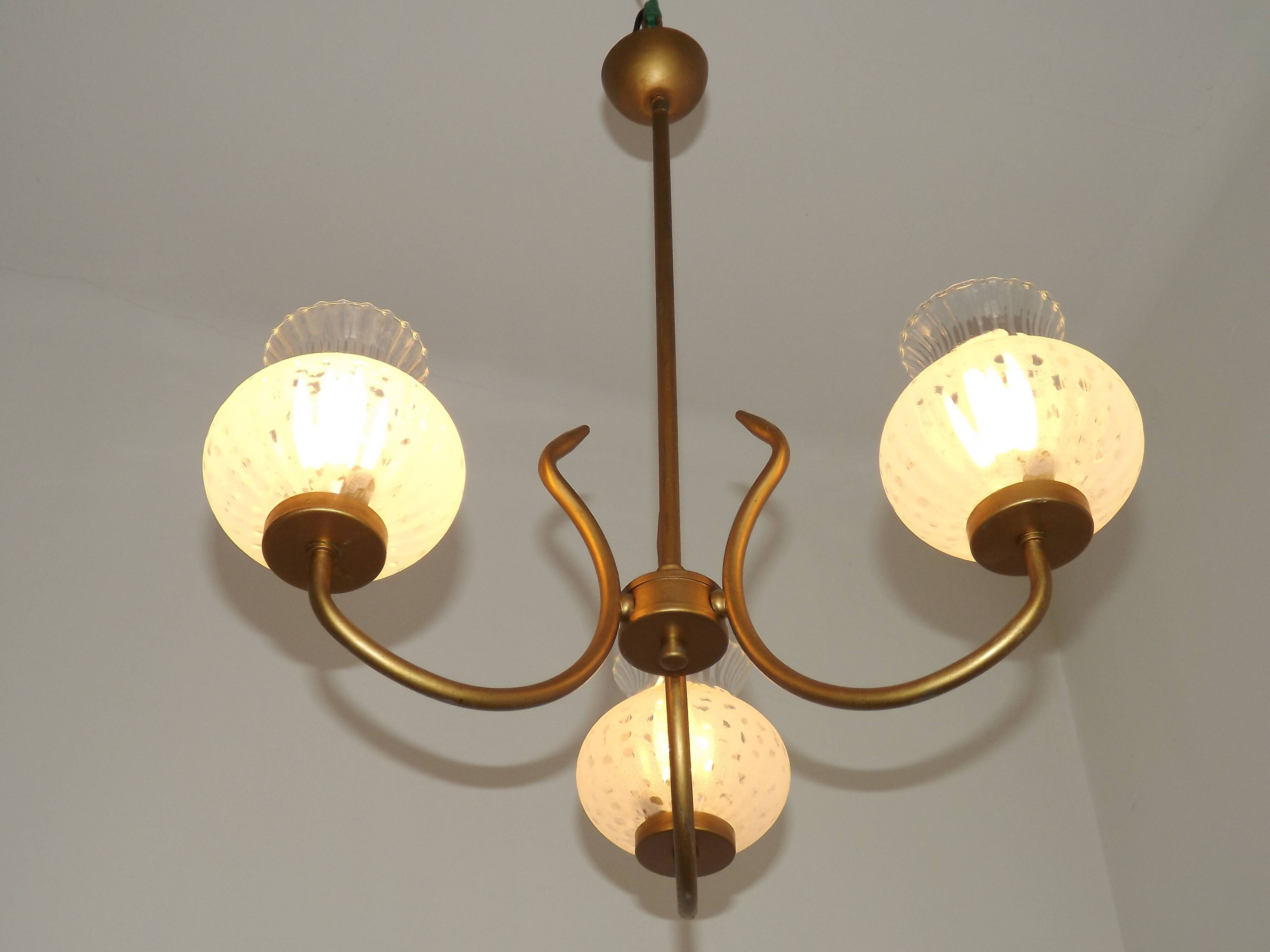 French Mid Century 3 Light Gold Metal Chandelier Textured Glass Shades