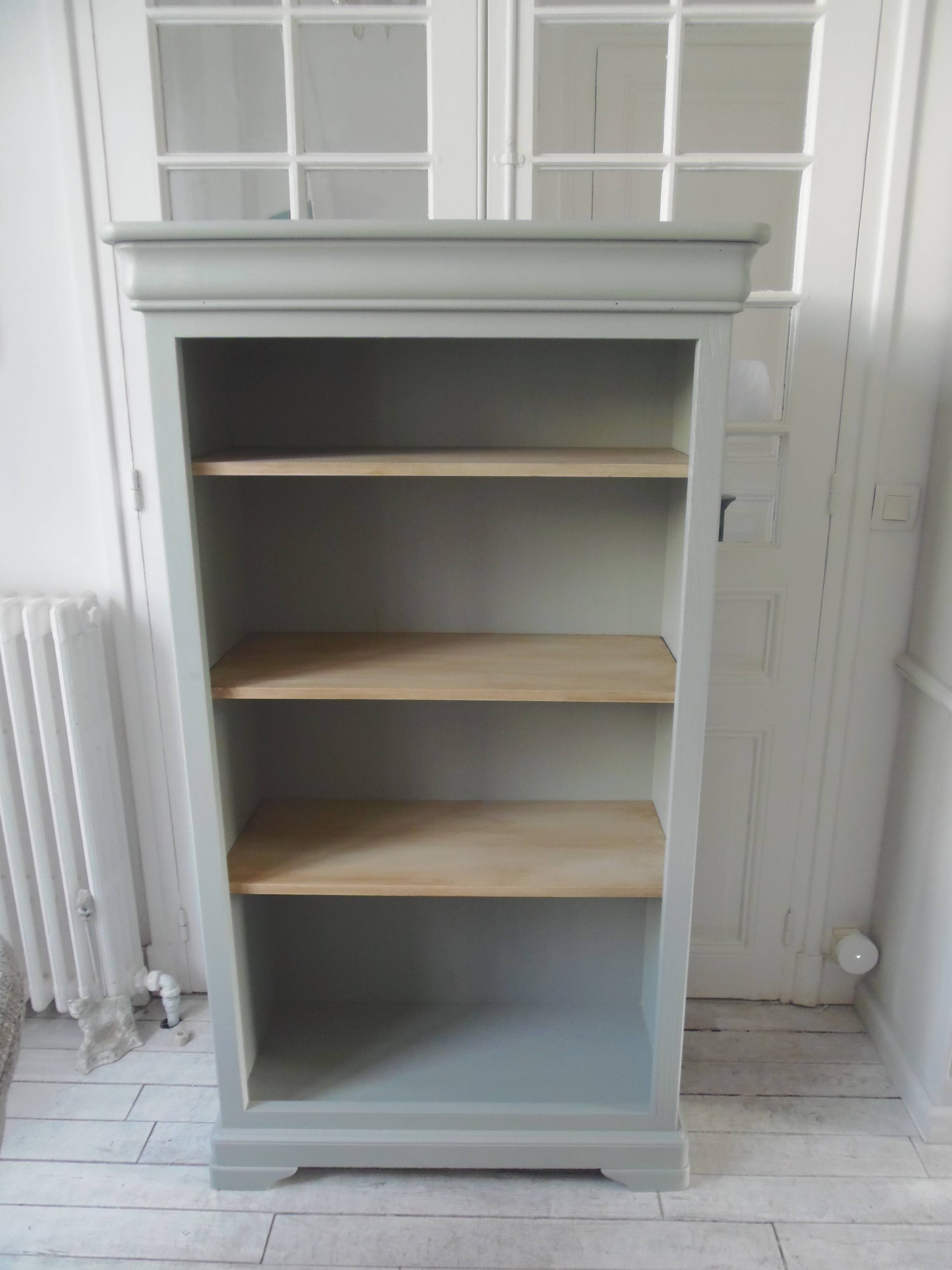 Louis Philippe style bookcase reenchanted in verdigris, 3 light oak waxed shelves.