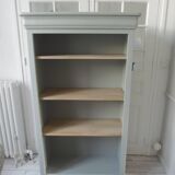 Louis Philippe style bookcase reenchanted in verdigris, 3 light oak waxed shelves.