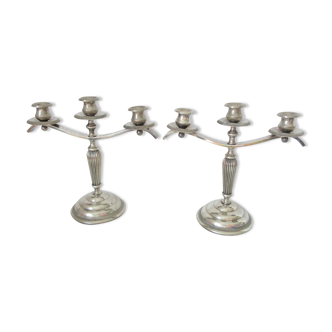 Pair of candlesticks three flames in silver metal
