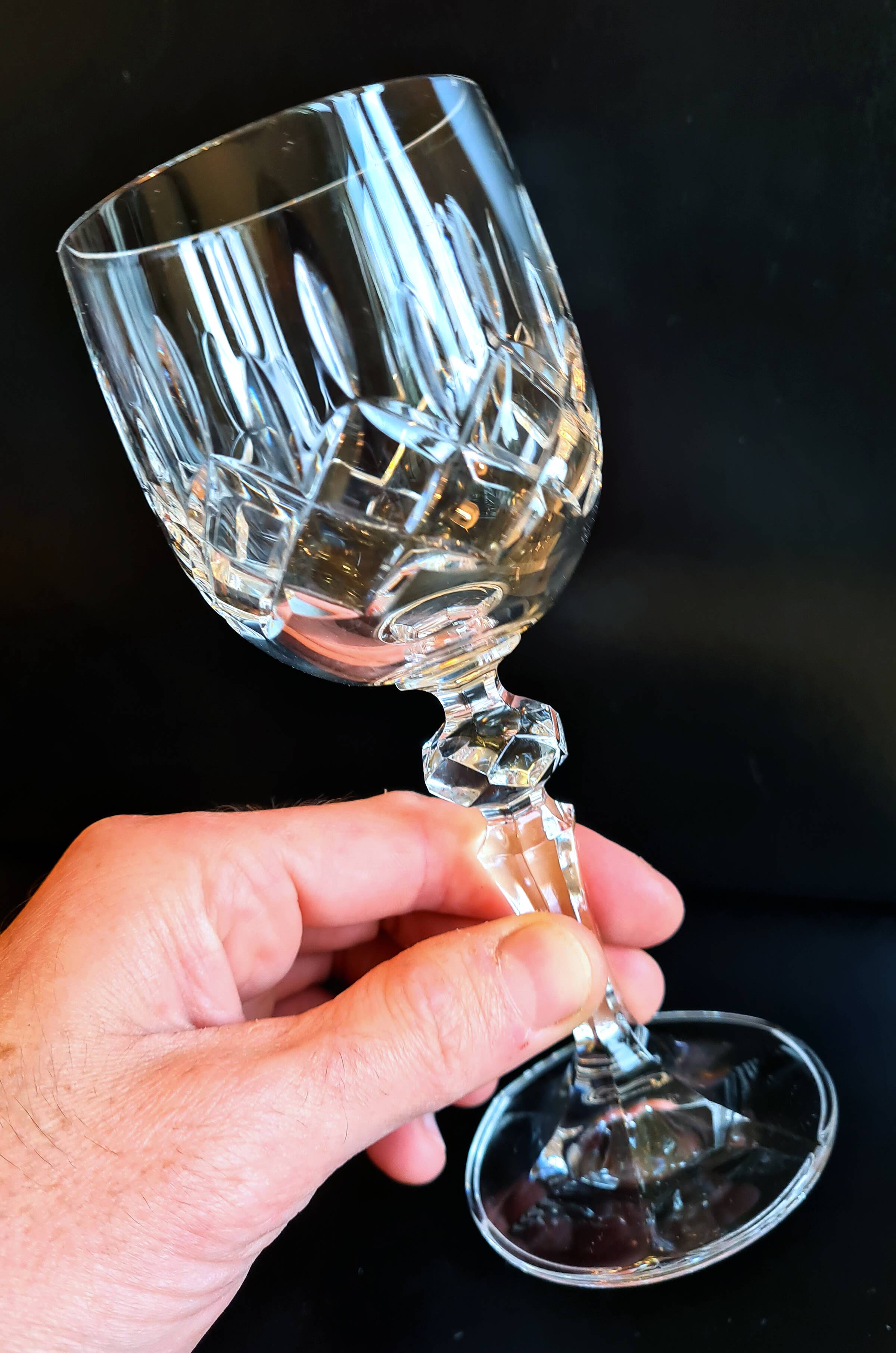 Set of three cut Bohemian Crystal Stemmed Glasses.