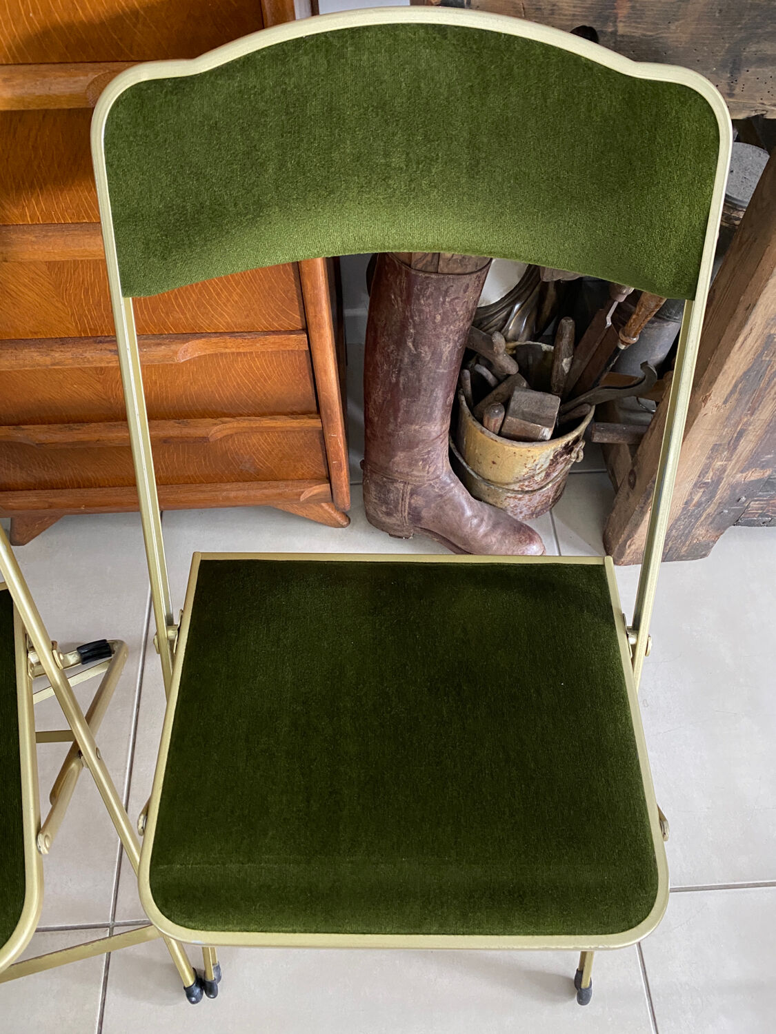 Pair of vintage green velvet folding chairs