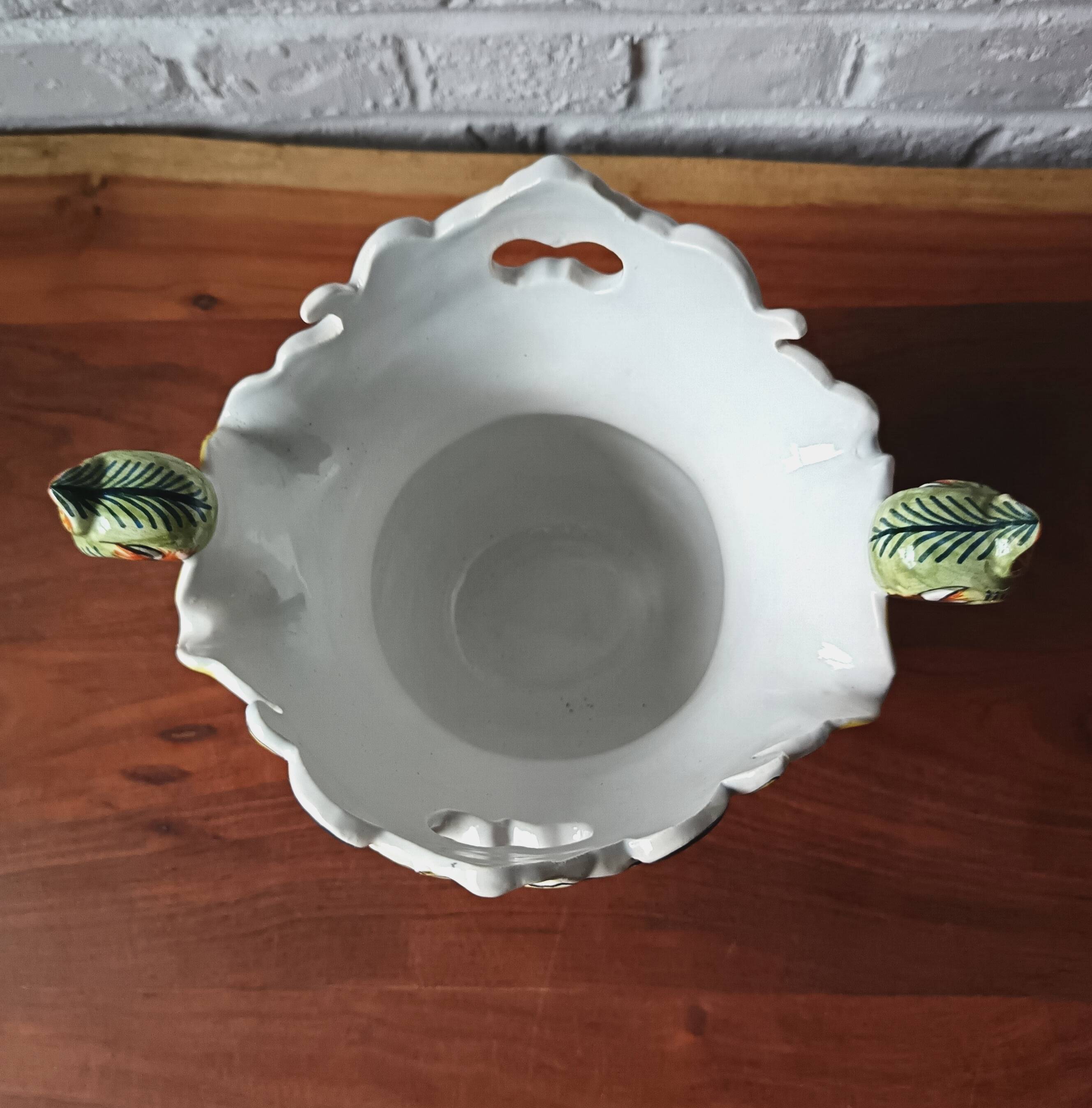 Vintage ceramic bouquet holder / cache-pot with old Rouen decoration.