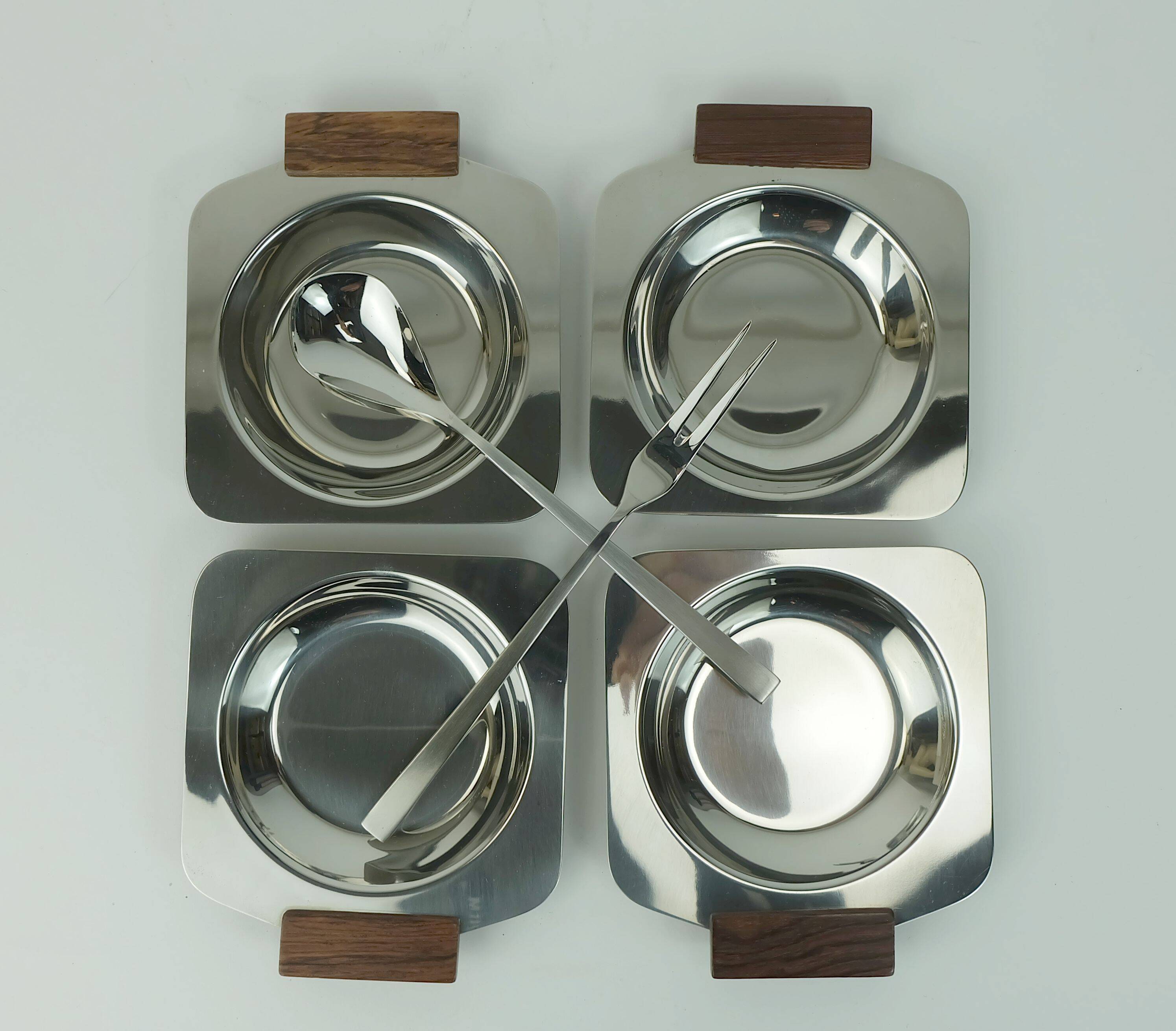 BOWL SET dip bowls party serving set stainless steel and wood 1960s