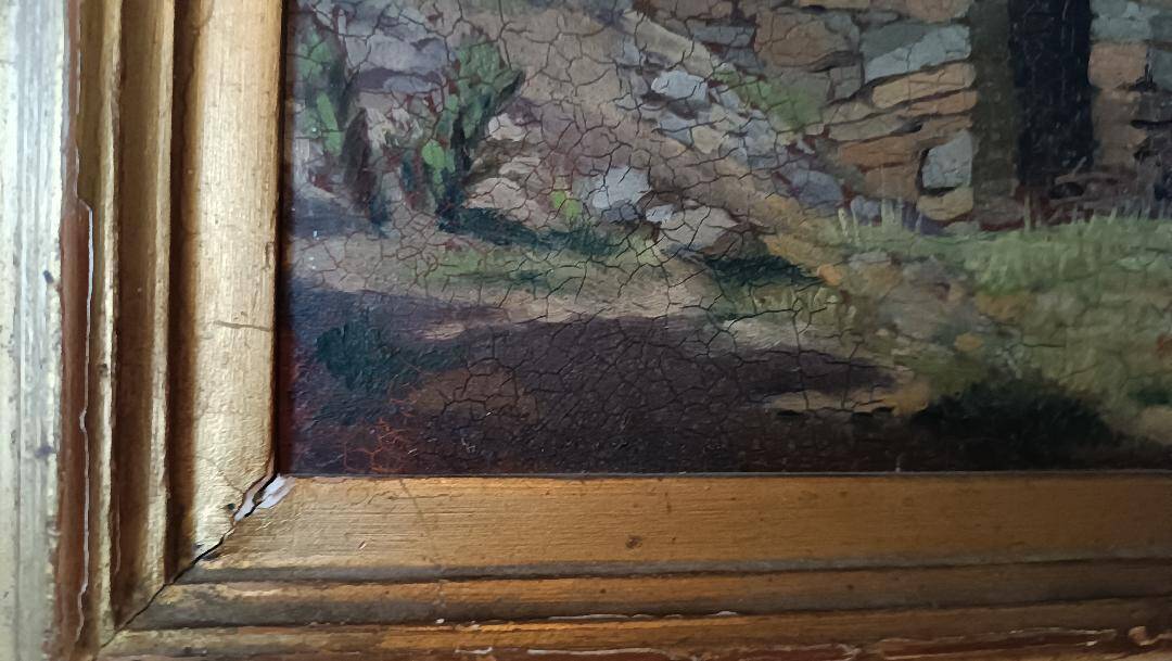 peinture de paysage à l'huile sur carton, cadre ancien du début des années