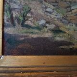 peinture de paysage à l'huile sur carton, cadre ancien du début des années