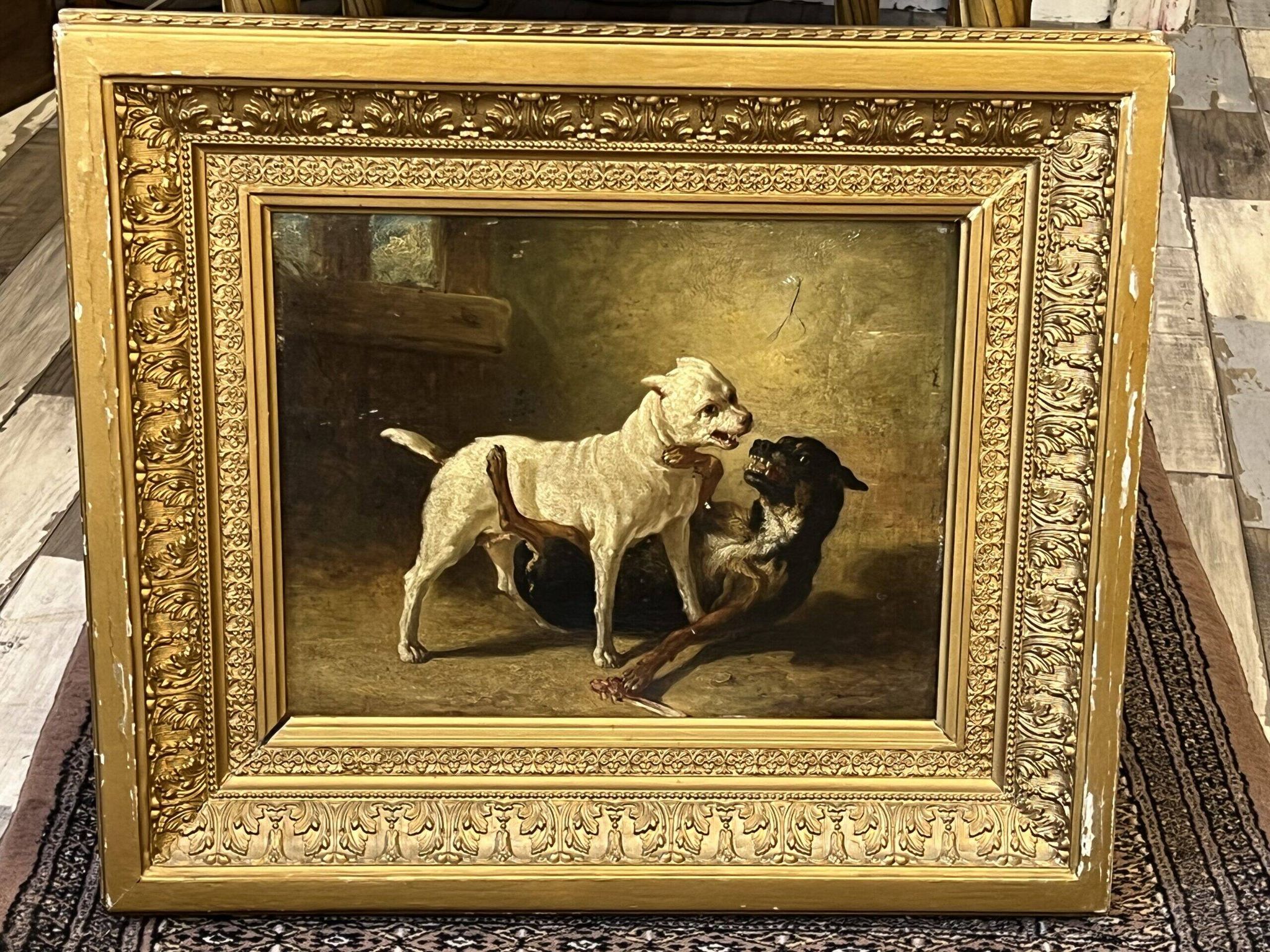 Jean Baptiste Louis Guy? Oil on panel, two bulldogs fighting