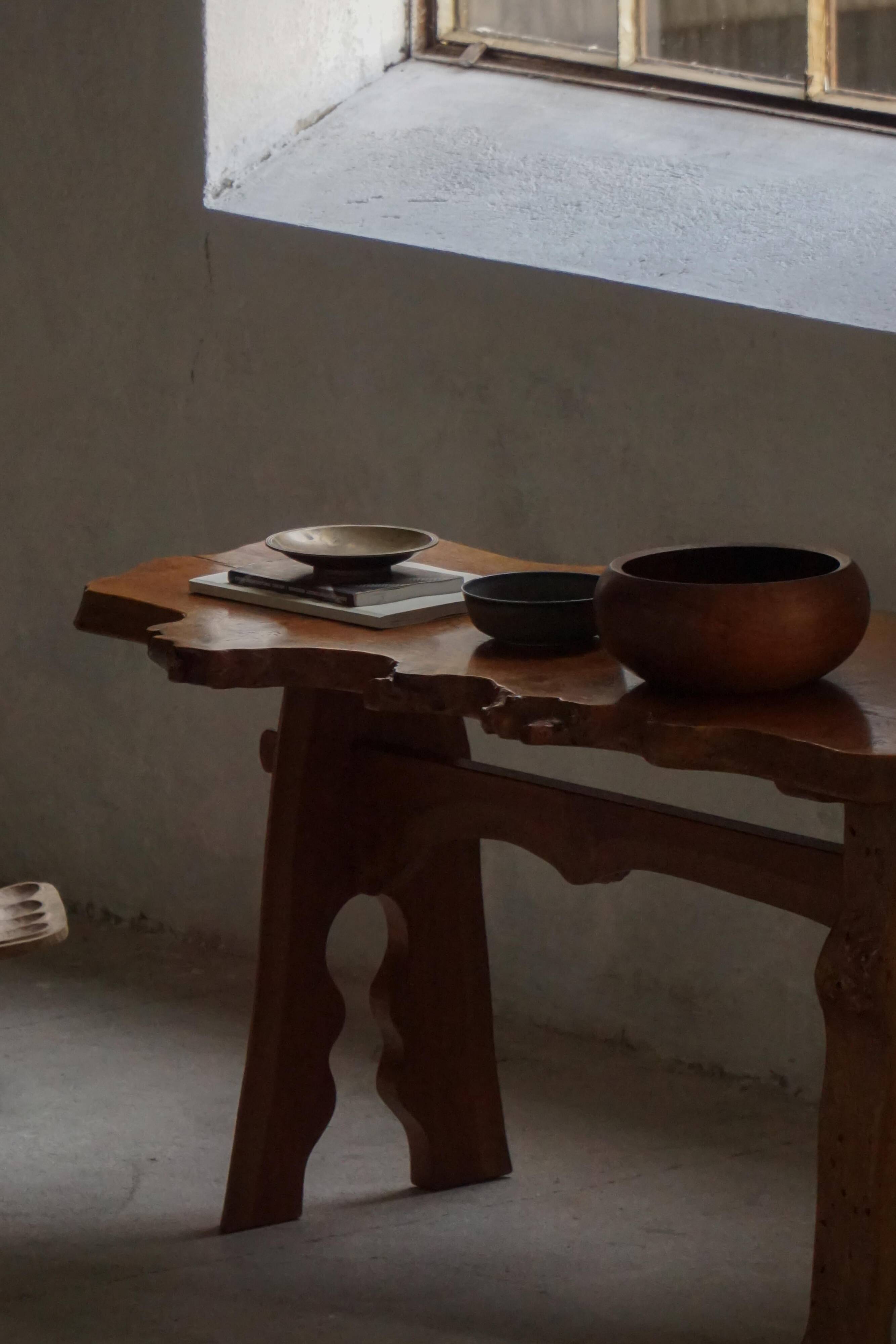 Mid-century Scandinavian coffee table made of solid elm wood, wabi-sabi style, 1960s.