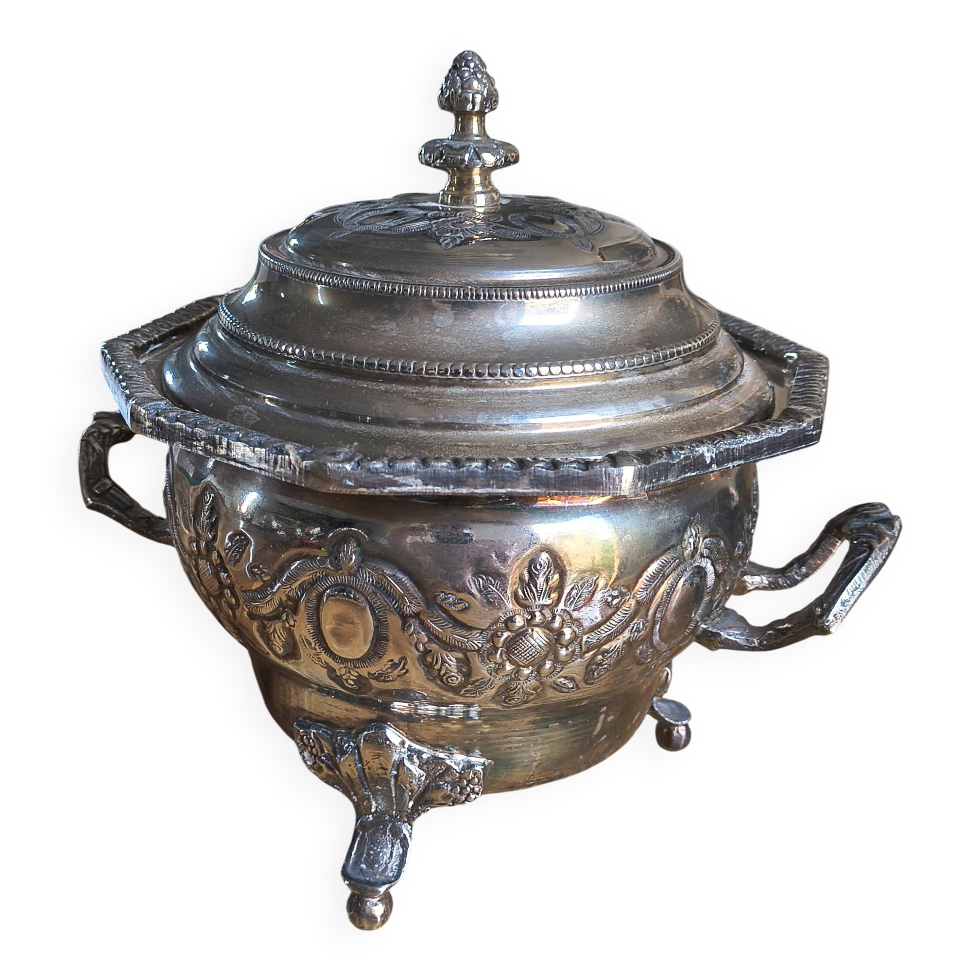 Antique Box / Chased Silver-Plated Sugar Bowl from Fes - Nesting Style (Vi