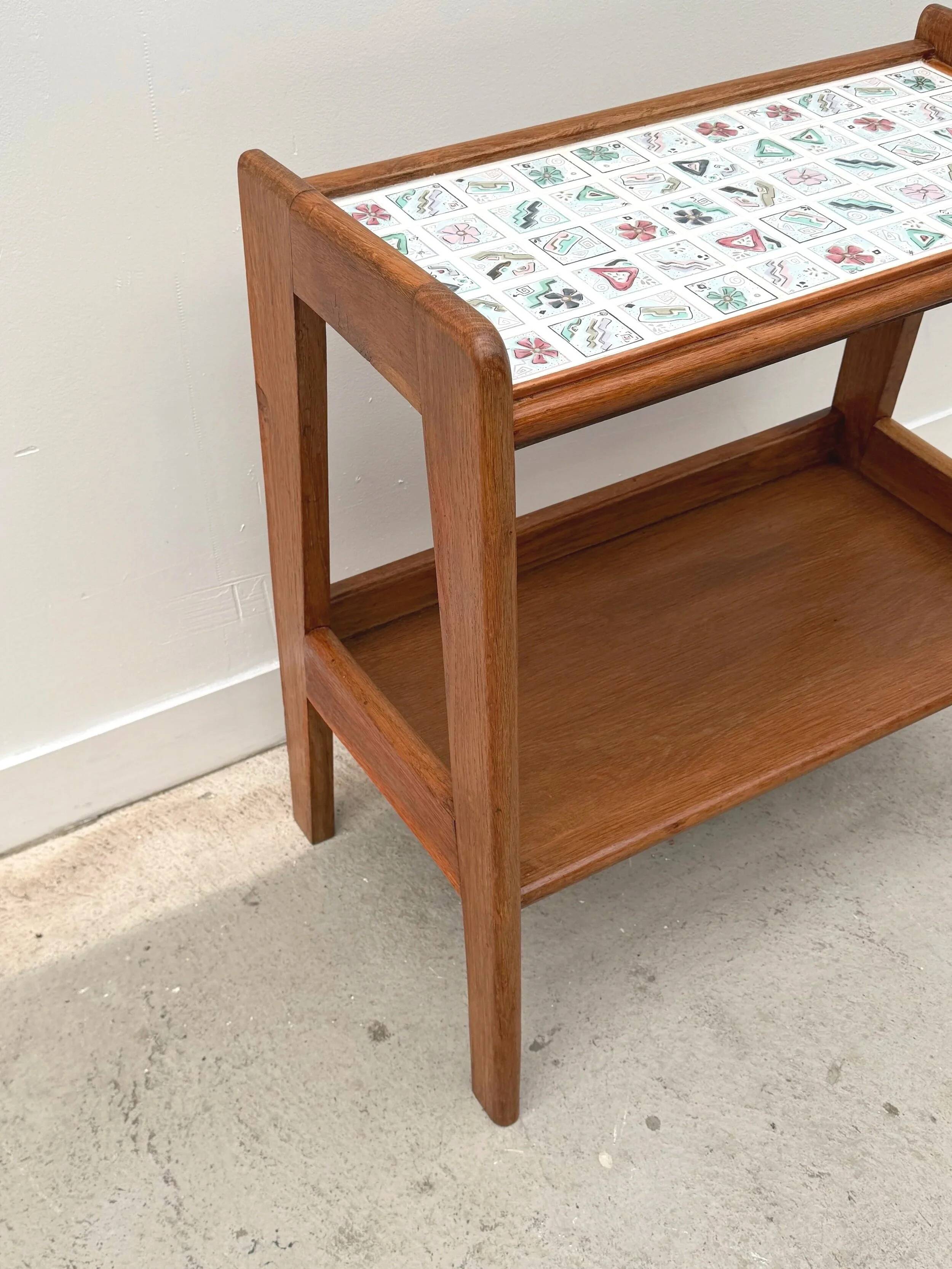 Side table in wood and ceramic, France 1950