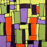 Modern abstract green, yellow, purple and orange mixed media painting