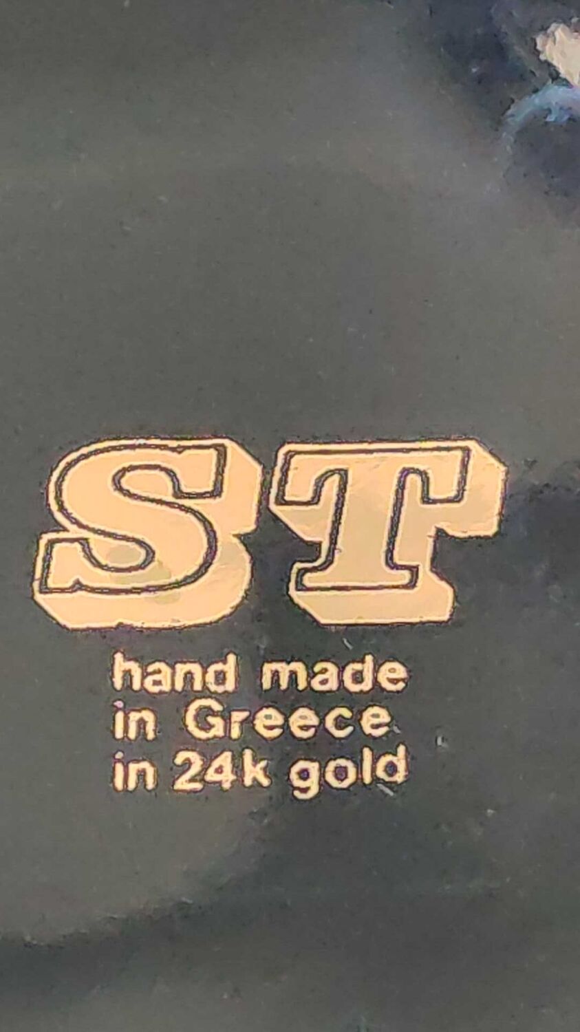 Ancient Greek octagonal vase, tubular porcelain shape. Decoration scenes of life / Gods mythology Greek. Signed ST Handmade in Greece. High 26 cm