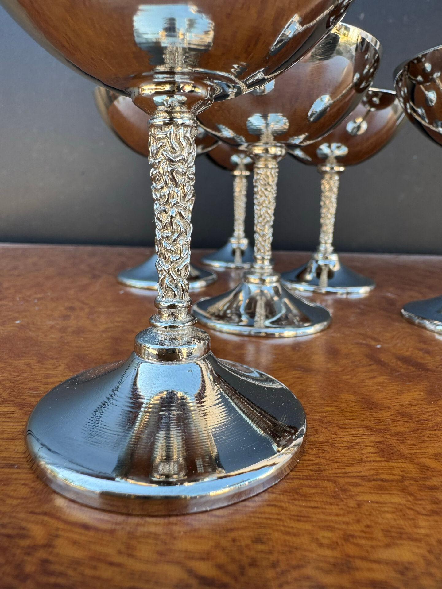 Silver-plated metal wine glasses on stems from the 1970s.