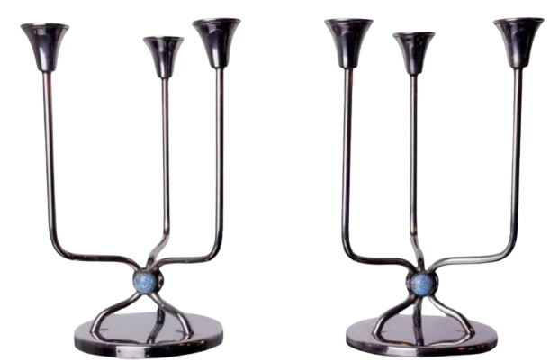 Pair of art deco candlesticks in stainless steel 3 flames and blue stones, Spain, 1970