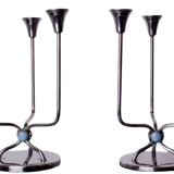 Pair of art deco candlesticks in stainless steel 3 flames and blue stones, Spain, 1970