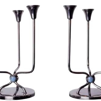 Pair of art deco candlesticks in stainless steel 3 flames and blue stones, Spain, 1970