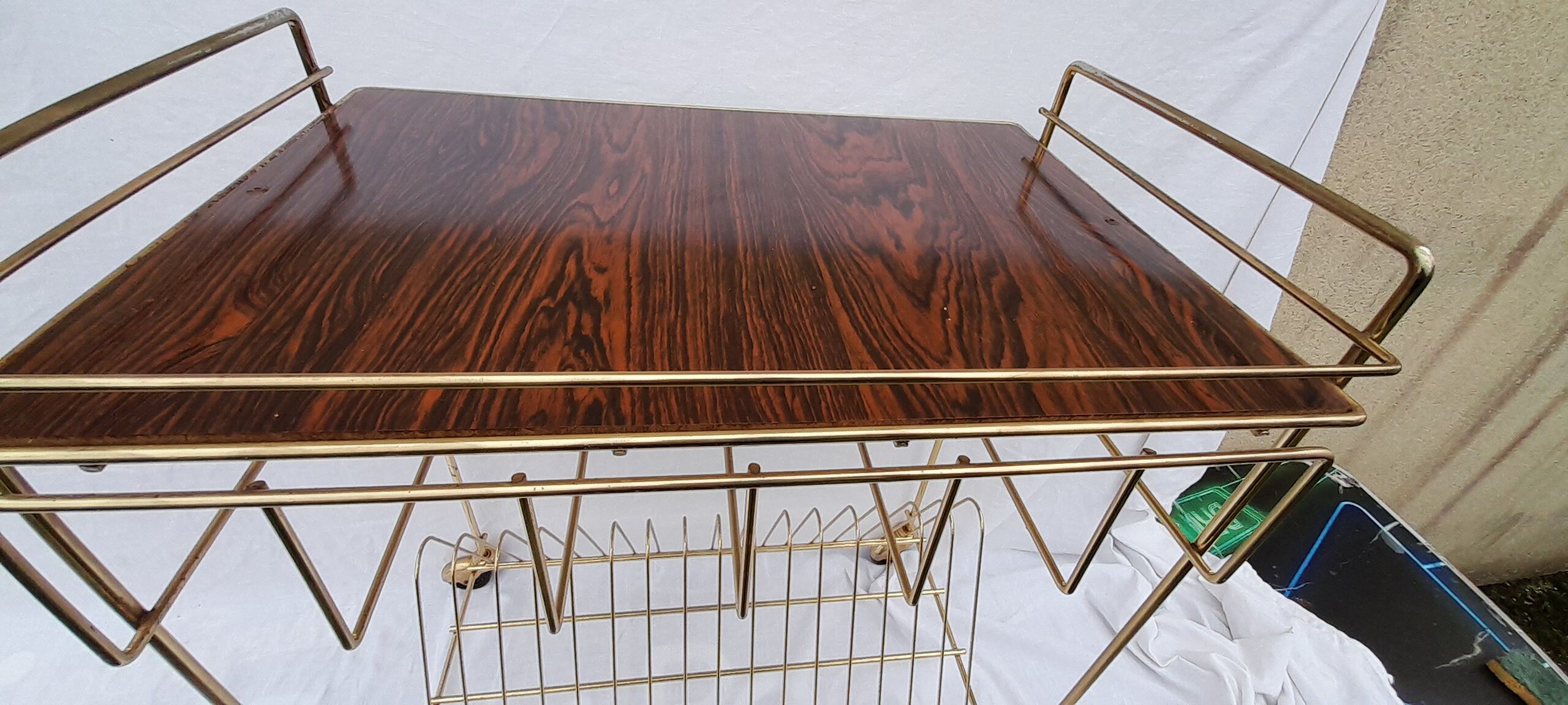 Formica service with vintage vinyl storage on wheels
