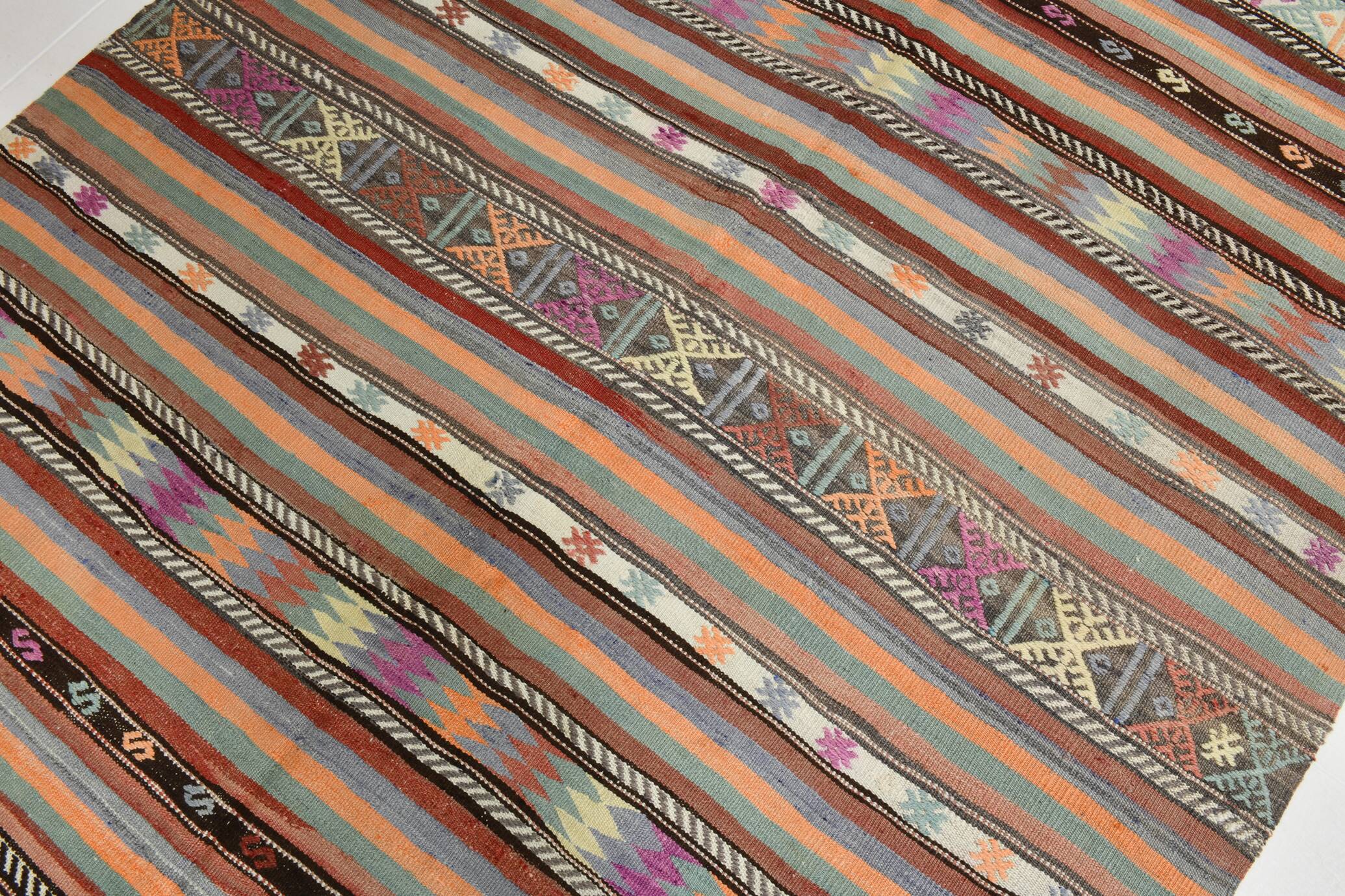 6x8 Ethnic Striped Green & Orange Kilim Rug, 176x230Cm