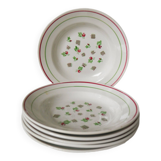 Lot de 6 assiettes creuses digoin sarreguemines rose et vert 1940