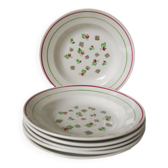 Set of 6 digoin sarreguemines pink and green soup plates 1940