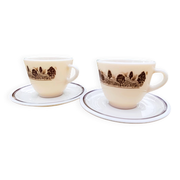Two vintage opaline glass cups/saucers JAJ Pyrex England.