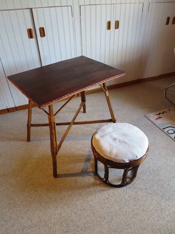 Table de jeu en bois, bambou et rotin, années 60
