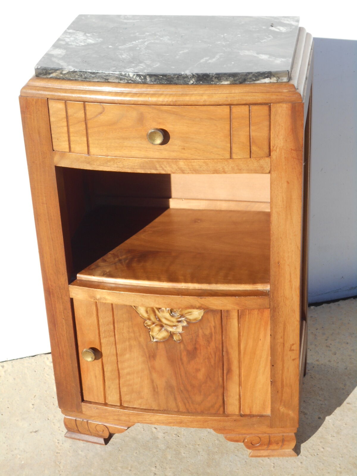 Solid walnut bedside table with marble plan, 50's