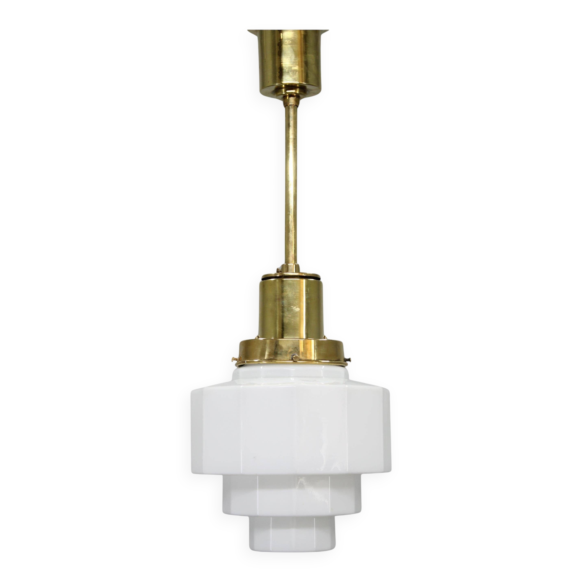 Art Deco brass and opaline glass pendant, Czechoslovakia, 1930s