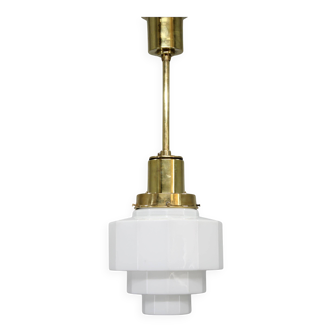 Art Deco brass and opaline glass pendant, Czechoslovakia, 1930s