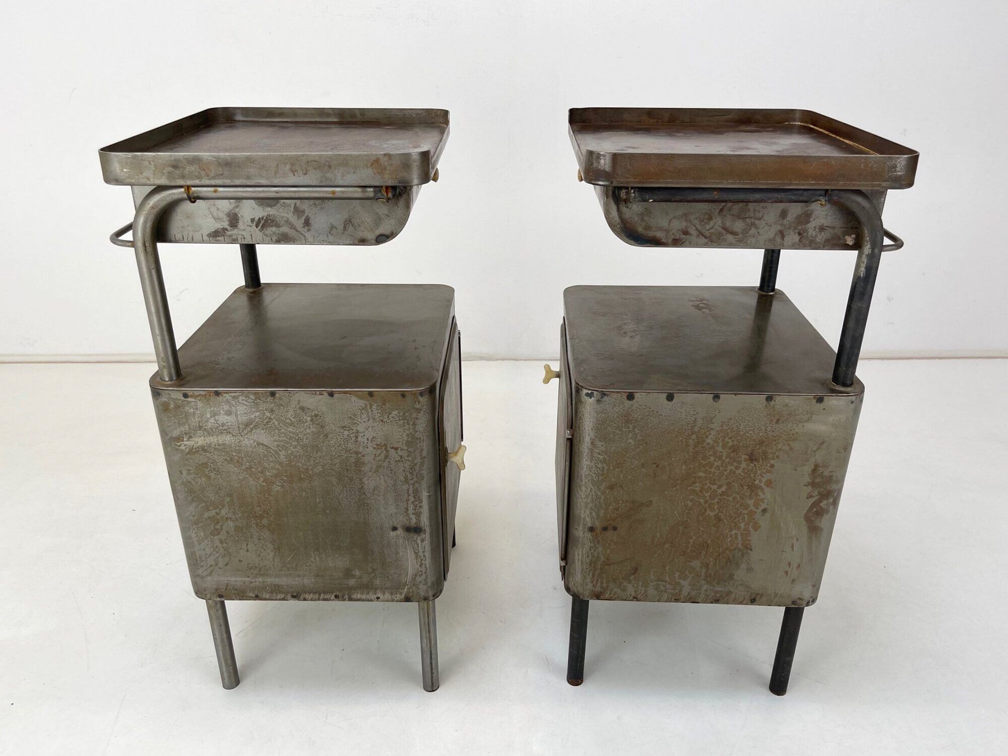 Vintage Industrial Brushed Steel Nightstands, 1920's