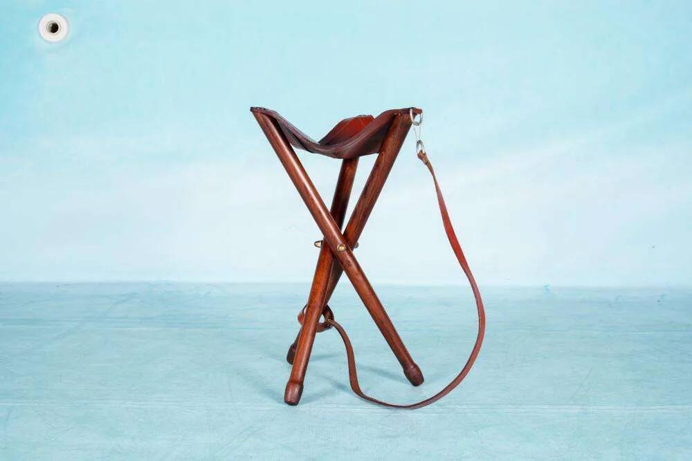 Scandinavian bohemian leather stool, Danish teak stool.