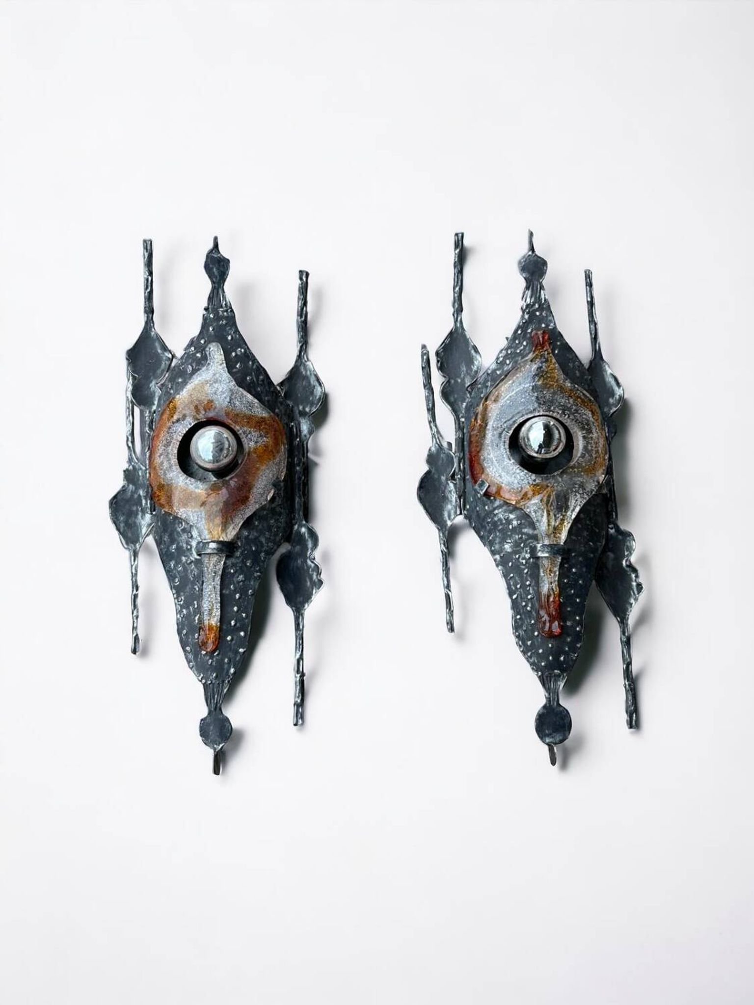 Tom Ahlstrom & Hans Ehrich - Pair Of Brutalist Sconces 1960s Metal And Glass