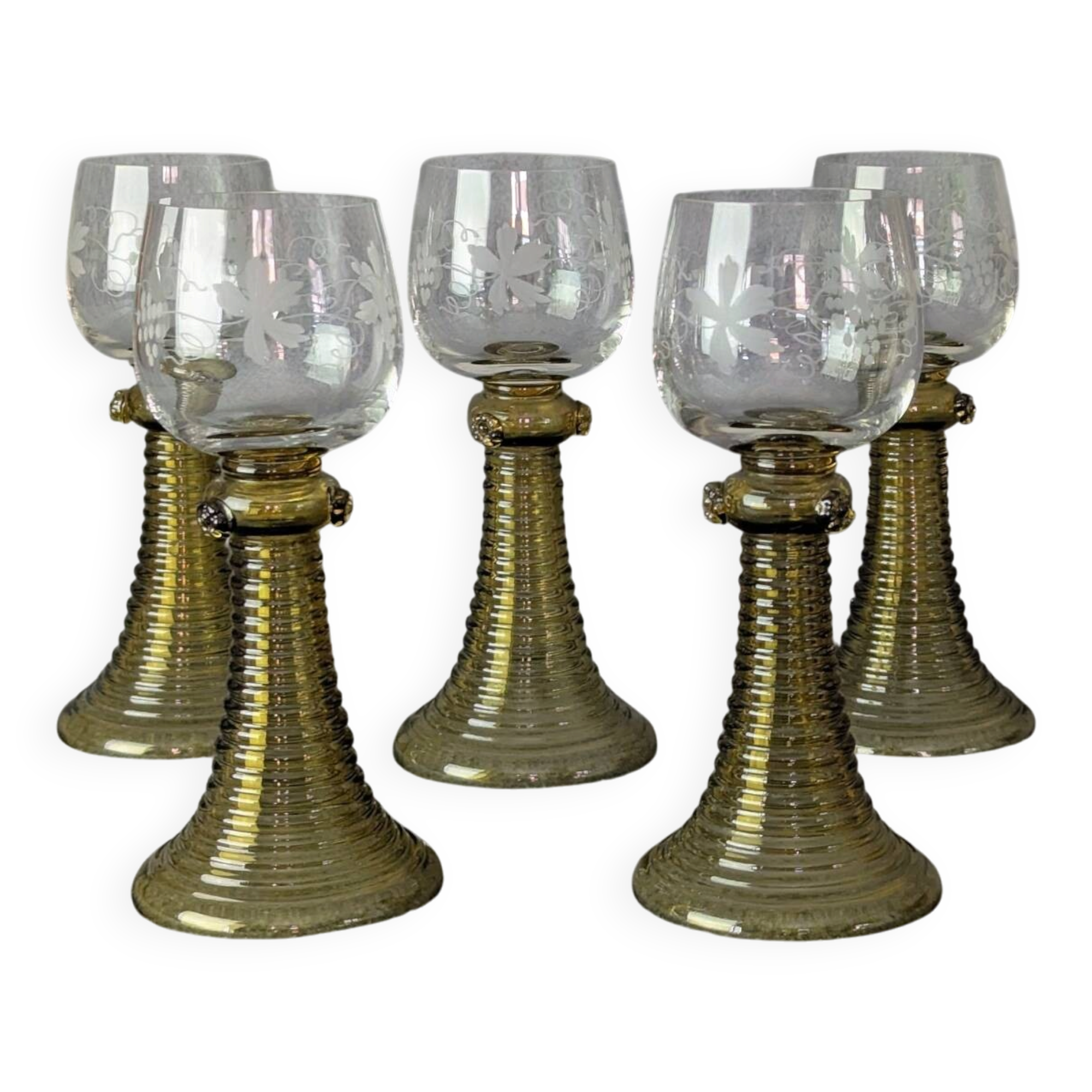 Wine glasses Roemer, Alsace, Rhine, engraved crystal and smoked glass x 5