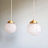 Pair of Art Deco pendant lights in transparent satin glass, 1920s-30s
