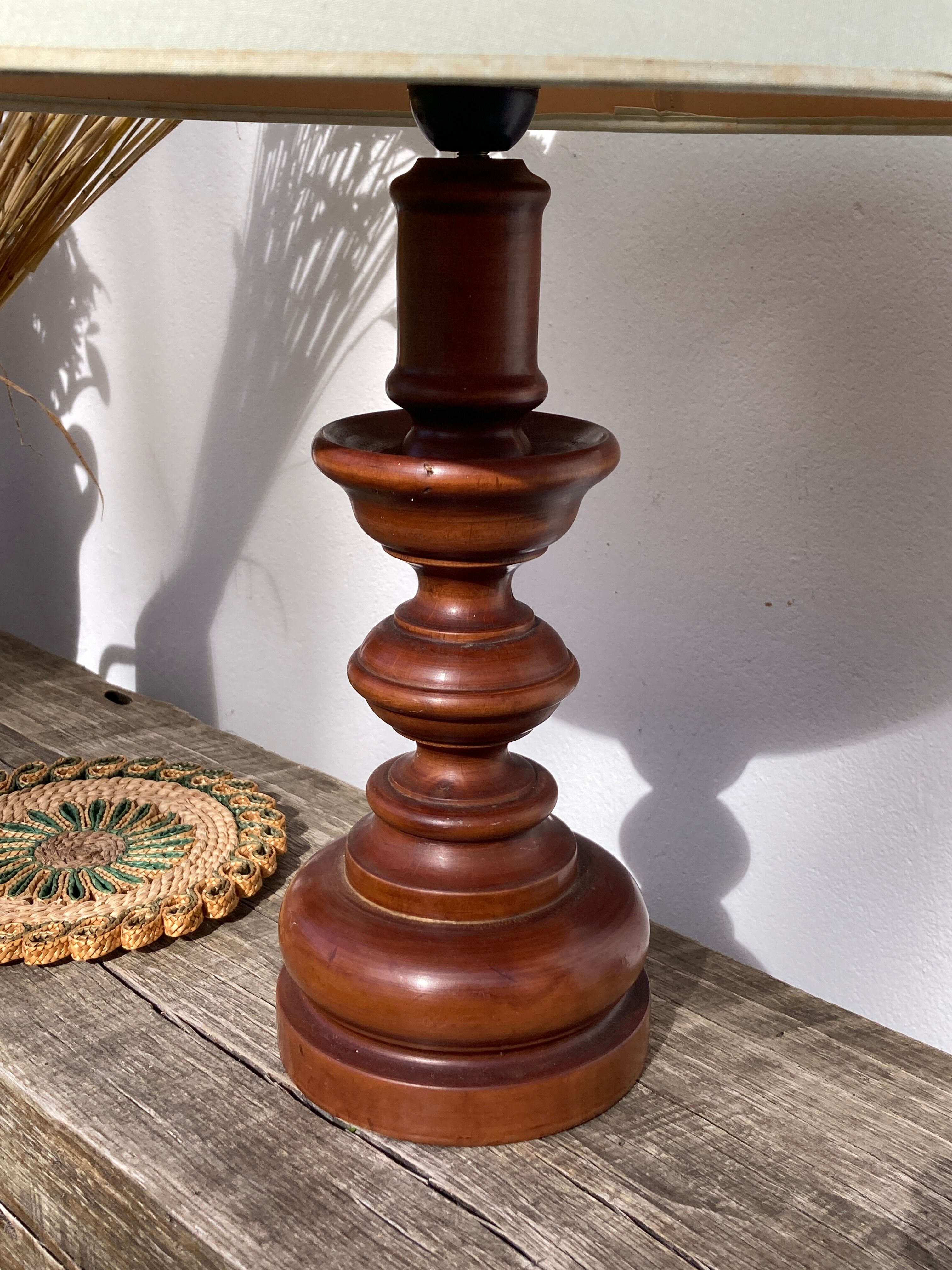 Turned wooden lamp old bluish gray lampshade