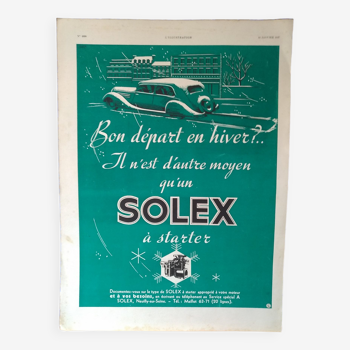 une publicité papier voiture starter  Solex  issue revue année 1937