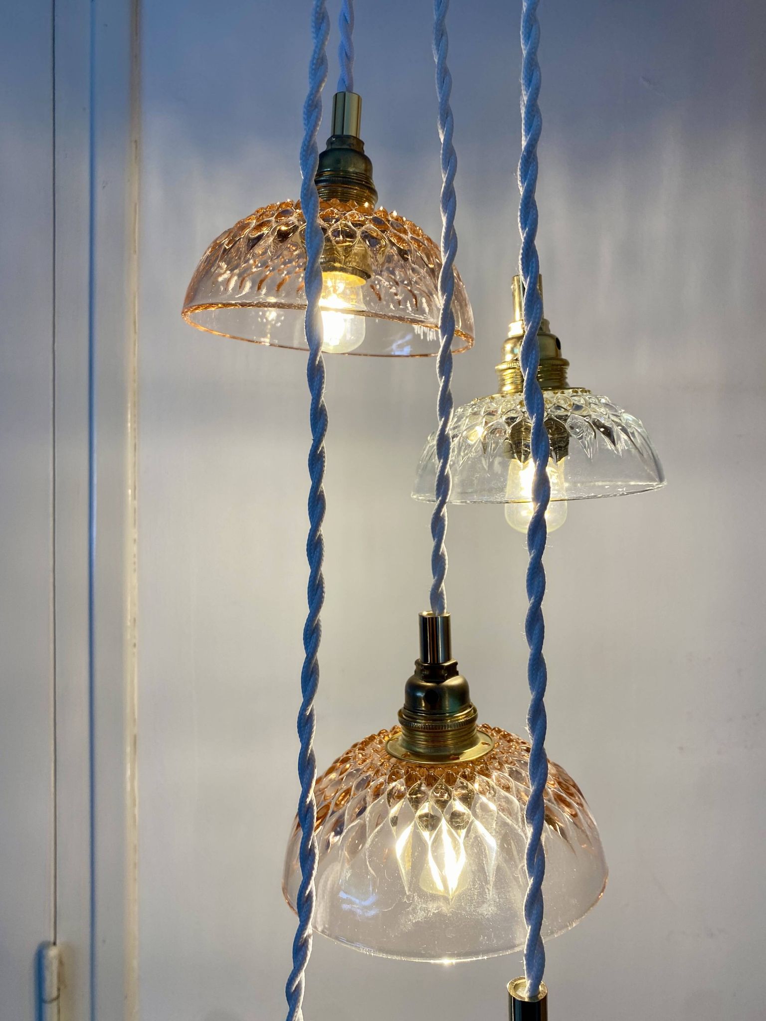 5-light waterfall pendant light with vintage pink and transparent glass shades