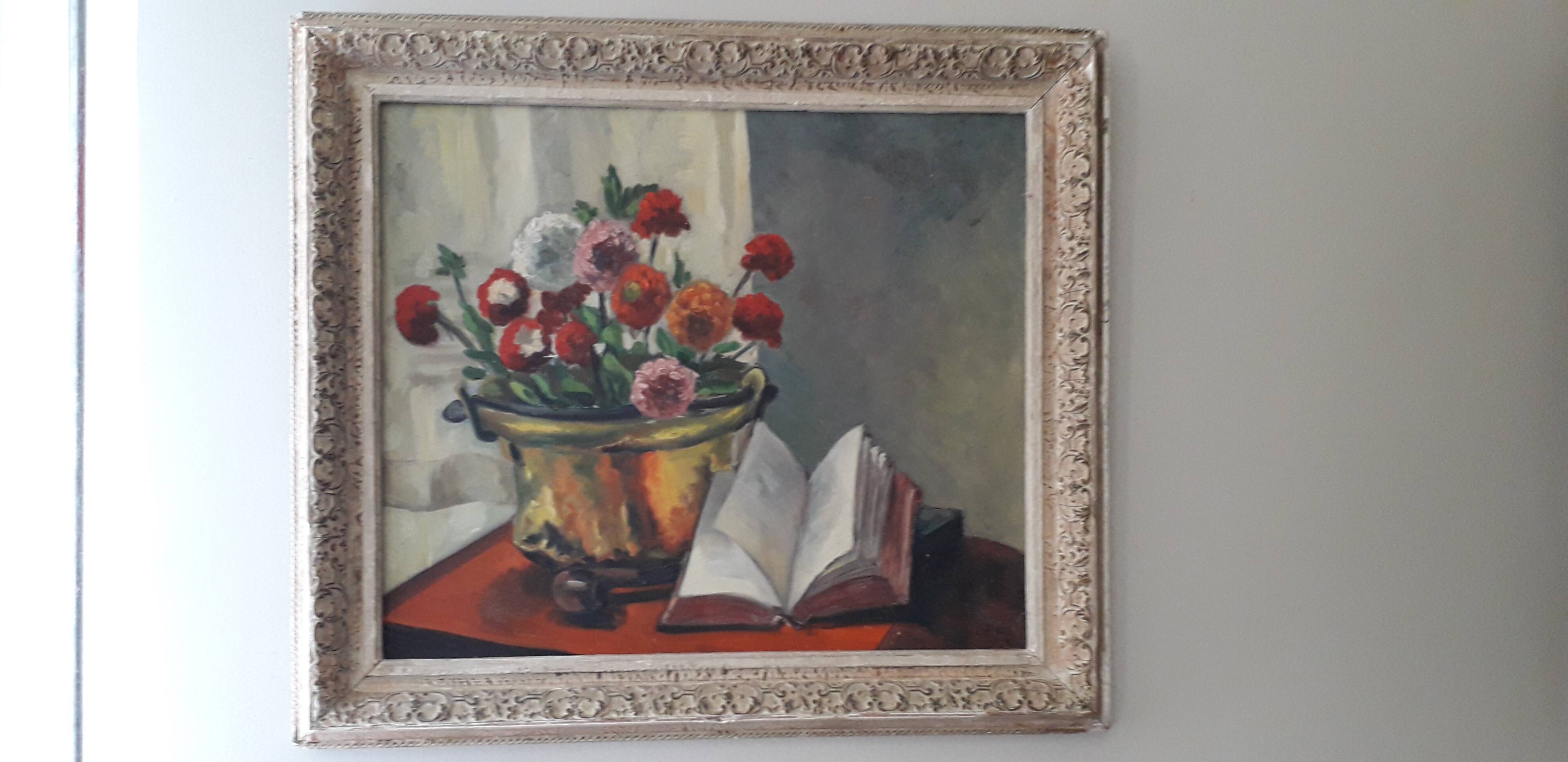Tableau ancien à l'huile sur panneau bois représentant une nature morte