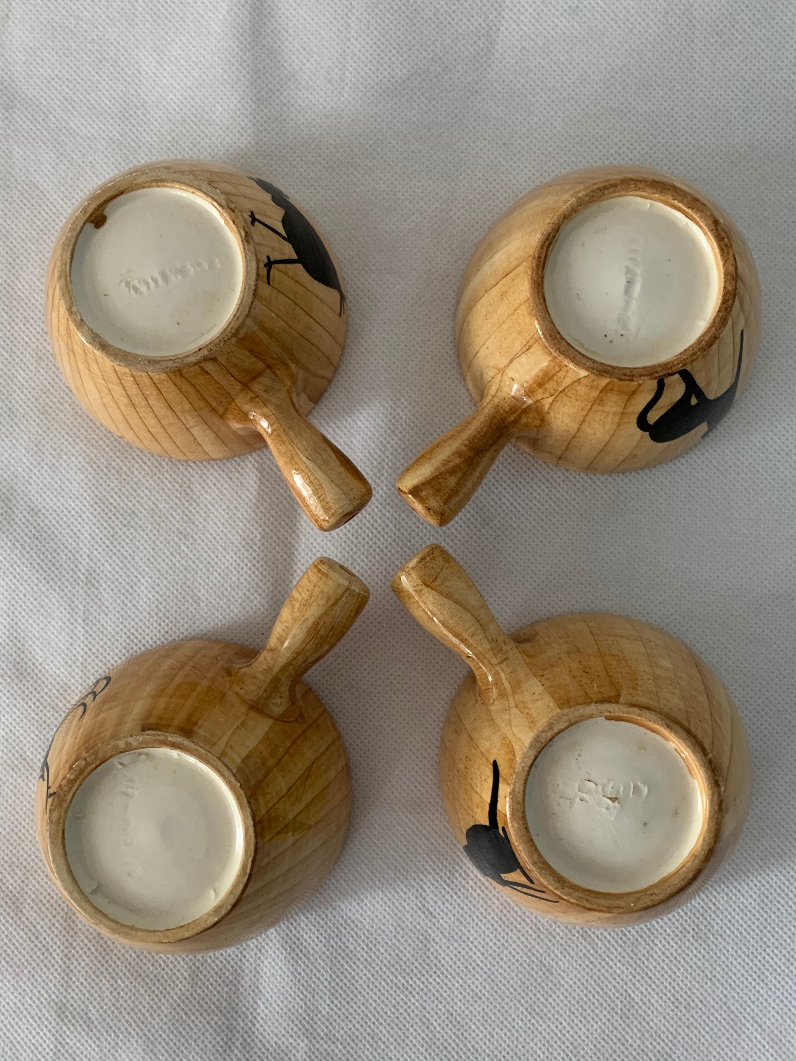 4 coffee cups and 4 sub cups zoomorphic ceramic animals Grandjean Jourdan Vallauris 1950