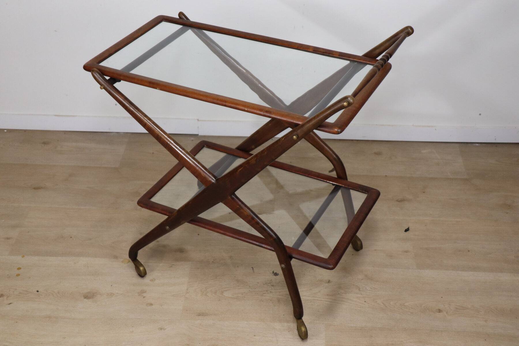 Vintage wooden and glass rolling trolley, 1960