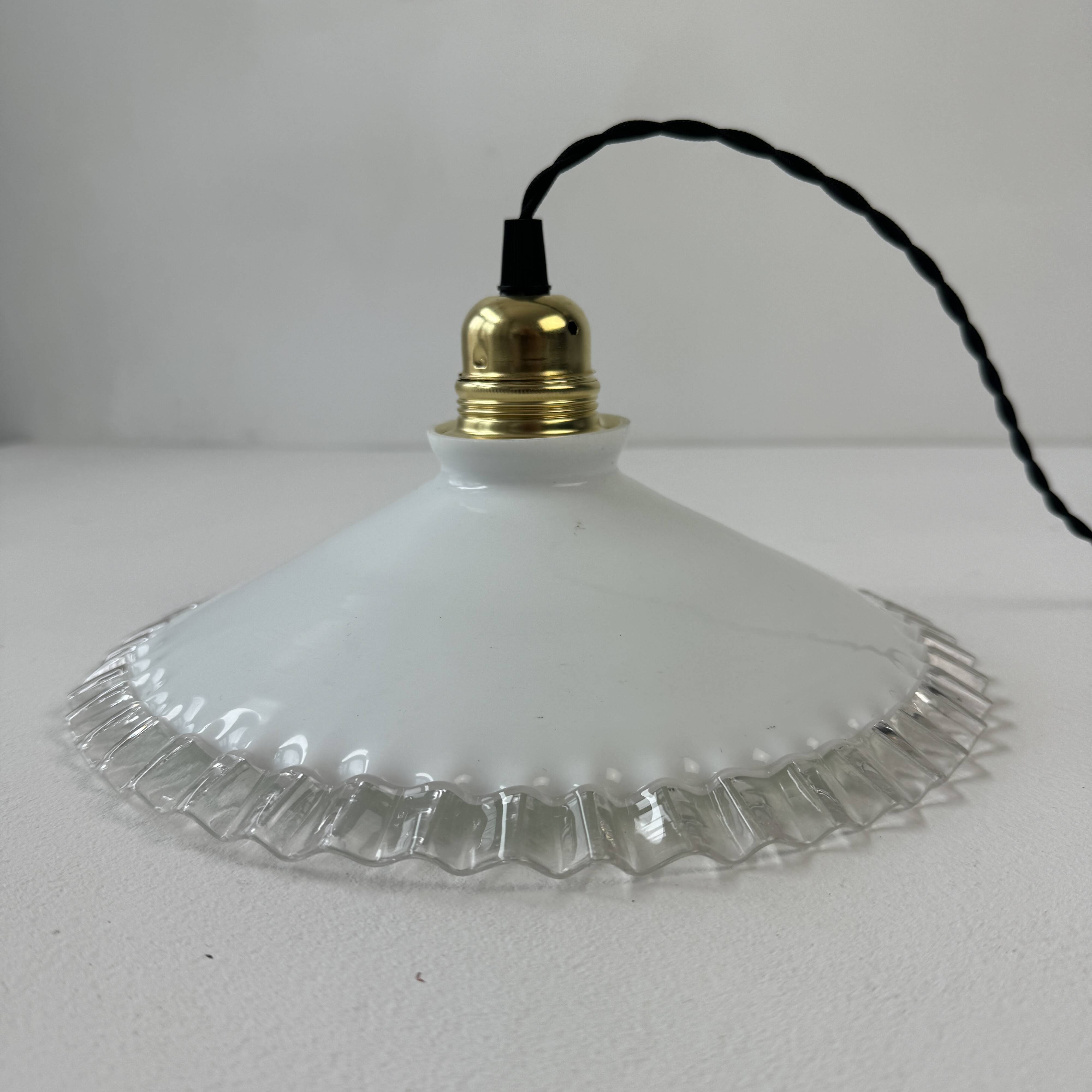 Antique lace-work pendant light in vintage opal, 24.5 cm